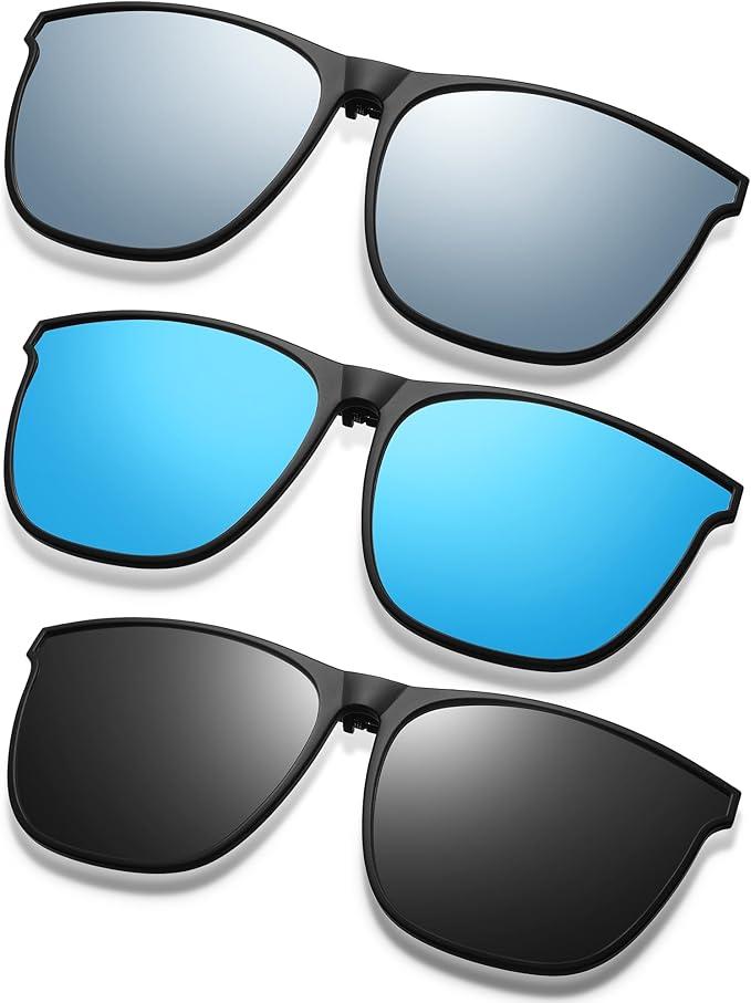 Frienda 3 Pair Oversize Clip-on Sunglasses Large TR90 Frame Flip up Driving Glasses for Women Men,  Black Gray, Blue, Silver