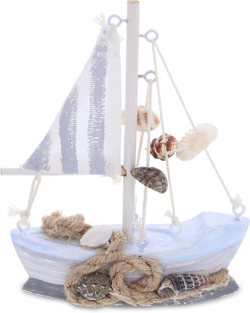 CoTa Global Mini Moonlight Sailboat - Handcrafted Wooden Boat, Perfect Model Sailboat Nautical Decor, Cute Beach Themed Home Decor, Mini Boat with Beach Shells for Bedroom - 5 Inch