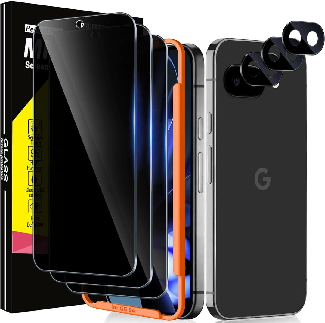 Milomdoi 3 Pack Privacy Screen Protector for Google Pixel 9A Tempered Glass with 3 Pack Camera Lens Protector, Ultra 9H Accessories [Support Fingerprint Unlock] Case Friendly, Black (6.3 Inch)