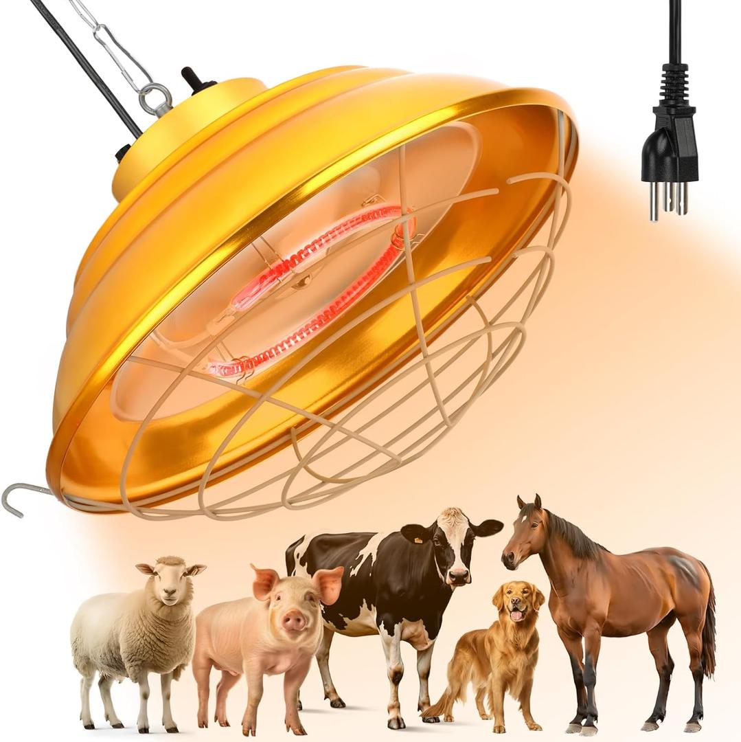 FHTONGE Waterproof Explosionproof Chicken Coop Heater Lamp, 300W/600W Adjustable Hanging Aluminum Livestock Heat Lamp, Halogen Heated Light for Reptile Poultry Brooder Outdoor Rabbit Dog Whelping Box