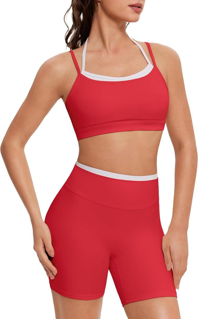 OMKAGI Workout Sets for Women Cute Doubel Layer Open Back Sports Bras Gym Shorts Outfits (Large, Red)