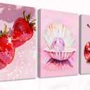 Hot Pink Disco Canvas Wall Art Set of 3, Trendy Strawberries Cherries Fruit Wall Decor Paintings, Funky Preppy Cute Seashell Posters Prints Pictures for Girl Dorm Bedroom 12x16 Inch Framed