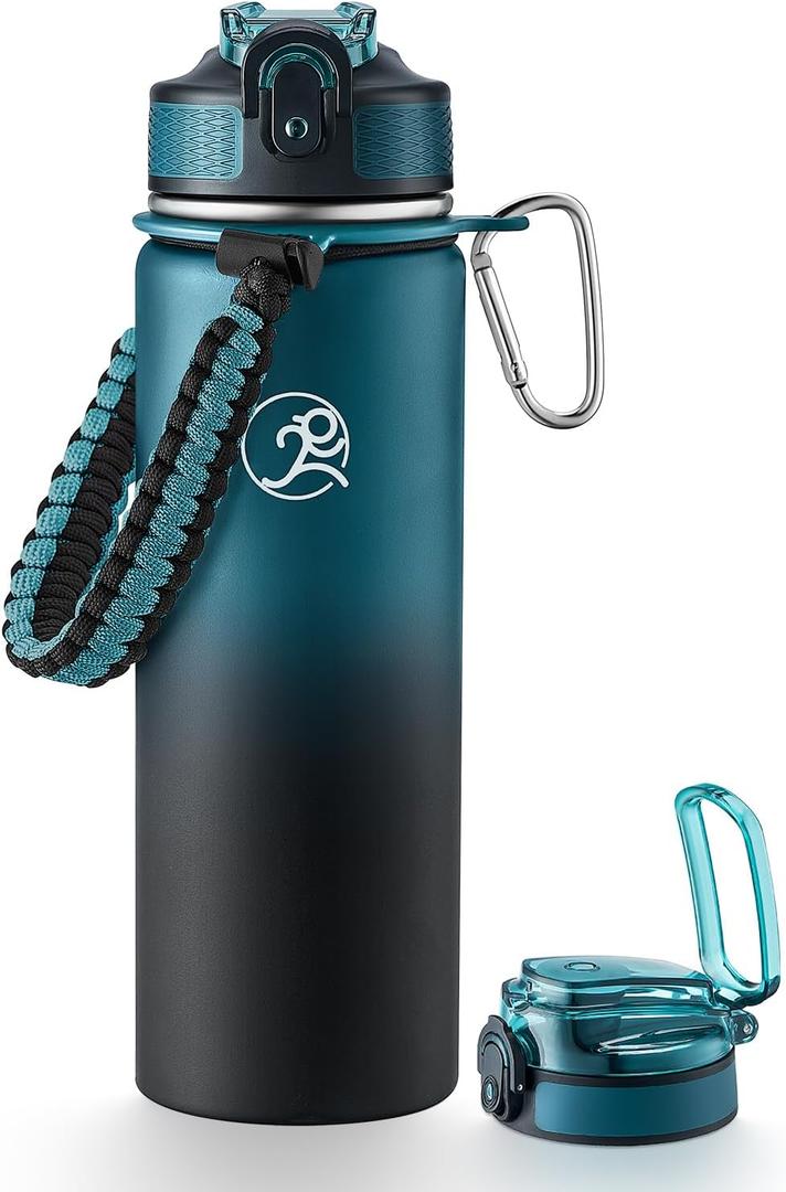 GOSWAG Insulated Sports Water Bottle, 24oz 2 Lids(with Straw/No Straw), Stainless Steel Water Bottles with Paracord Handle, Insulated Bottle with Double-Wall Vacuum Insulation (Navy Blue-Black Ombr)
