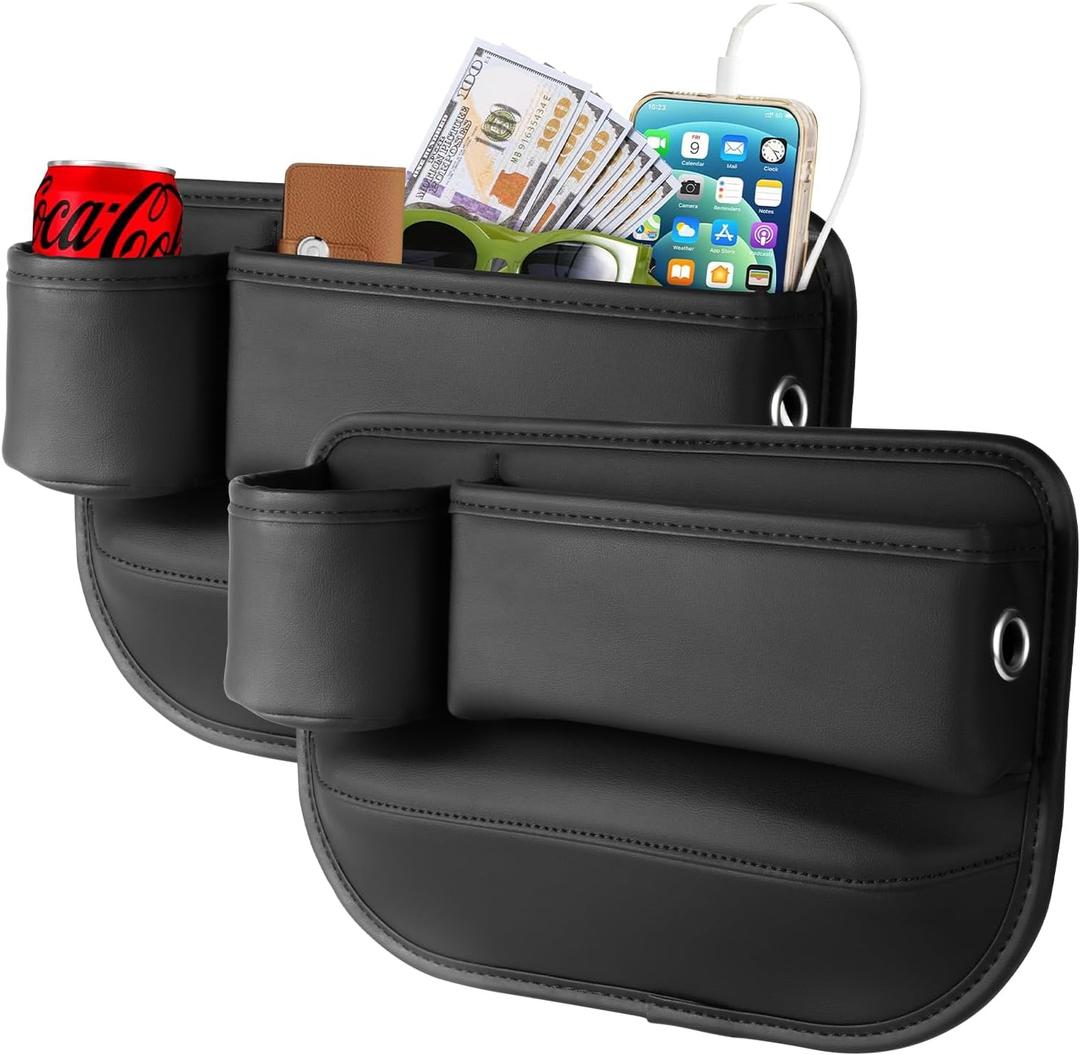 2 Pack Leather Car seat Gap Filler Organizers for Front Seat,Seat Gap Storage with Cup Holder and Storage Box for Phones,Keys,Glasses etc.Suitable for various car models (with cup holder)