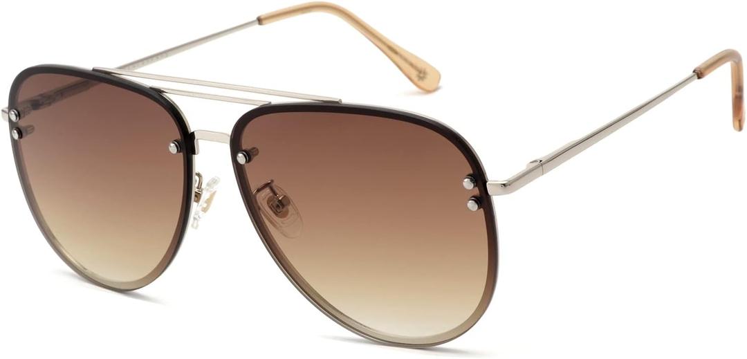 Premium Rimless Oversized Aviator Sunglasses for Women, Polarized PC Lens UV Protection Womens Shade VF2203 (Gold/Gradient Brown Polarized)