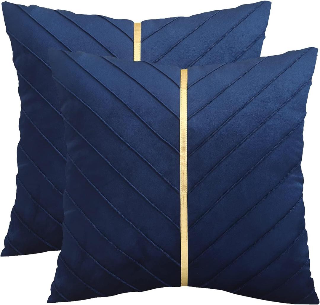 Tosleo Navy Blue Velvet Throw Pillow Covers 18 x 18 inch Pack of 2 with Gold Leather Decorative Couch Pillowcases Luxury Modern Pillow Cover for Living Room Bedroom Sofa Cushion Bed