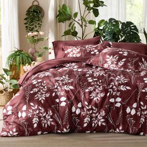 Bedsure Floral Burgundy Comforter Set, Queen Bedding Sets, 2 pillow case and under sheet and blanket cover