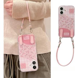 for iphone15pro/14/13 caseFloral Print Phone Case with Crossbody Strap for iPhone16promax, PinkProtective Women Girl's Phone Cover (iphone14pro)