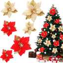 Aoriher 24 Pcs 3 Size Christmas Poinsettia Flowers Artificial Glitter Poinsettia Flowers with Clips Gold Red Xmas Decoration Ornaments for Christmas Tree New Year Home Outdoor Decor (Gold Leaf)