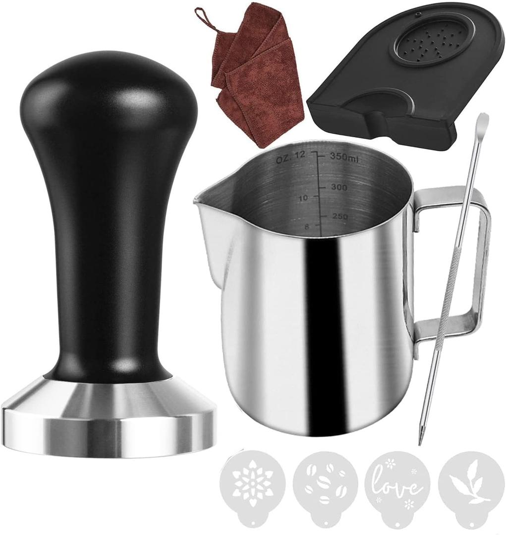 51 mm Coffee Tamper Set Coffee Press for Portafilter Machine Espresso Tamper with Tamper Mat, Frothing Pitcher (350ml/11.836oz), Barista Towel, Latte Art Pen and Decorative Stencils (Black)