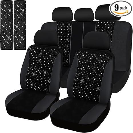 Hanaive Car Seat Cover Full Set Bling Women Velvet Auto Interior Covers Breathable Black Mesh Vehicle Seat Protector Universal Fit for Most of Sedan SUV Truck Minivan Airbag Compatible(Silver)
