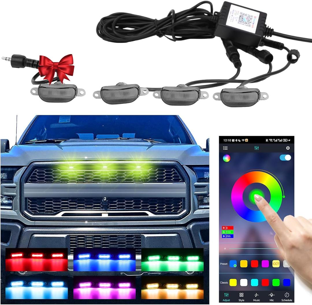 Led Front Grille Lights For 2004-2020 Ford F150,2017-2022 F250,2013-2018 Dodge Ram 1500 Raptor Style Aftermarket Grill Replacement Grills Lamps kit Accessories (RGB)