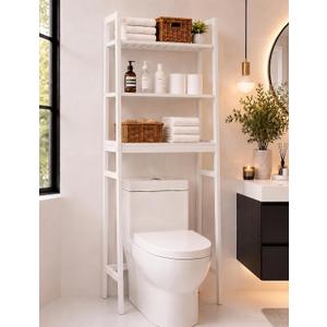 BAMBANG Over The Toilet Storage Rack, 3-Tier Over The Toilet Storage Shelf with 3 Hooks, Freestanding Above Toilet Bathroom Organizer Shelves for Space Saver Storage, Bamboo White