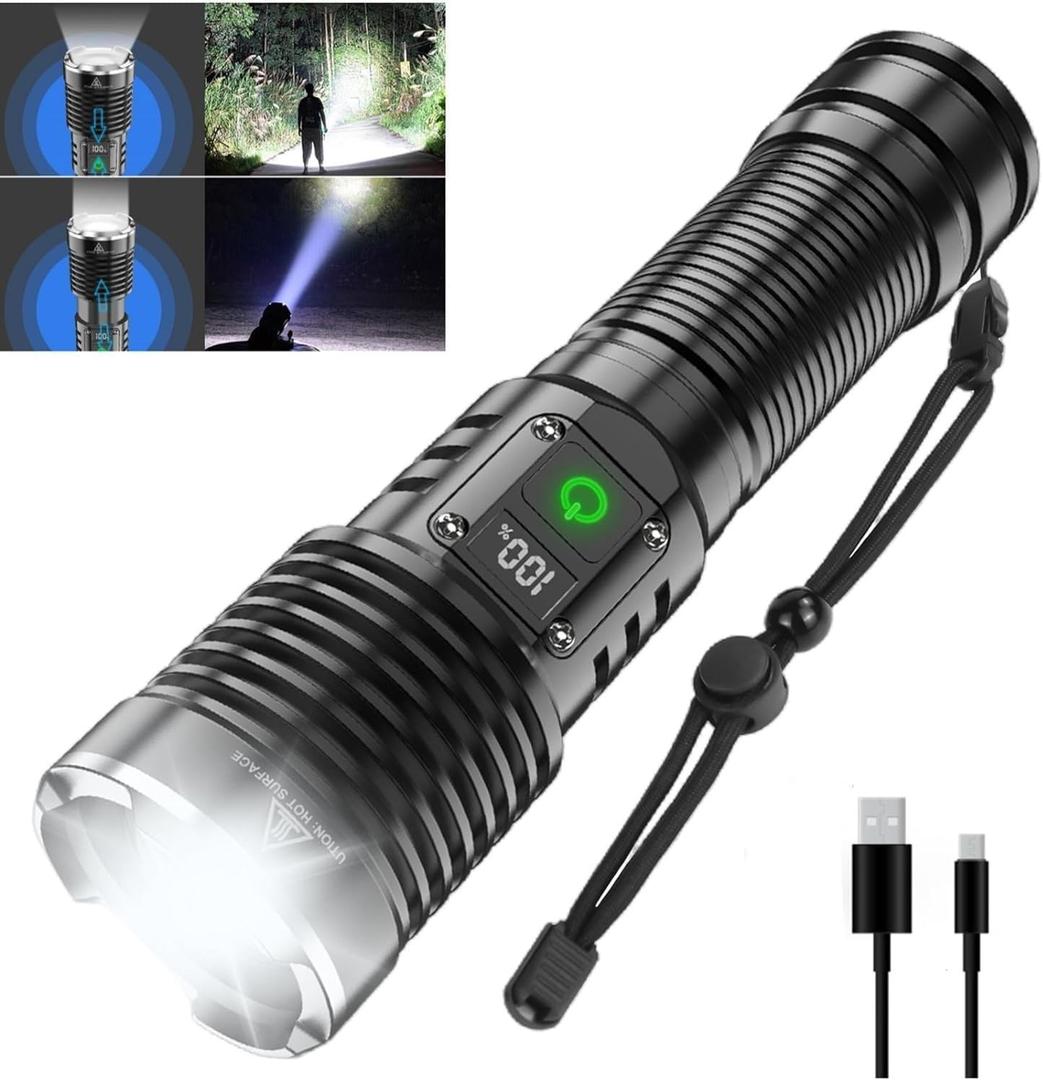 Flashlights High Lumens Rechargeable, Super Bright LED Flashlight, Powerful Tactical Flashlights, Brightest Waterproof Zoomable Handheld Flash Light High Powered for Camping Emergencies (8066)