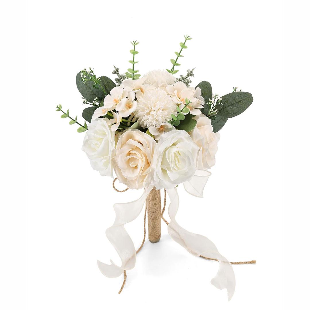 9.5In Wedding Bouquets for Bride Bridesmaid, Champagne Roses White Artificial Flowers Toss Bouquet for Wedding Party Church Decoration