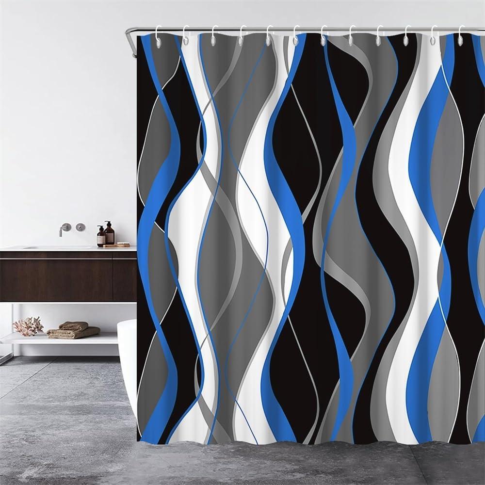Abstract Geometric Fabric Shower Curtain for Bathroom with Hooks Black White Blue Grey Shower Curtains for Bathroom Modern Art Aesthetics Waterproof Bath Accessories Hotel Decor,72x72inch