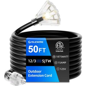 50 FT Outdoor Extension Cord with Multiple Outlets, 12 Gauge Heavy Duty Black Extension Cord Waterproof with 3 Outlet, 3 Prong Power Cord for Garden and Home Use Indicator Light, ETL Listed