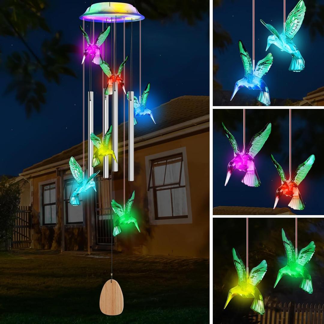 Solar Wind Chime with 4 Aluminum Tubes Hummingbird Solar Wind Chimes Outdoor Waterproof Wind Chimes for Home Garden Decor 7-Color Changing (Green)