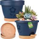 gegemaoyi Plastic Plant Pots 10 Inch Set of 4, Self Watering Pots with Drainage Holes, Saucer & Reservoir, Flower Pots for Indoor/Outdoor Plants, Decorative Nursery Planting Pots (Blue)