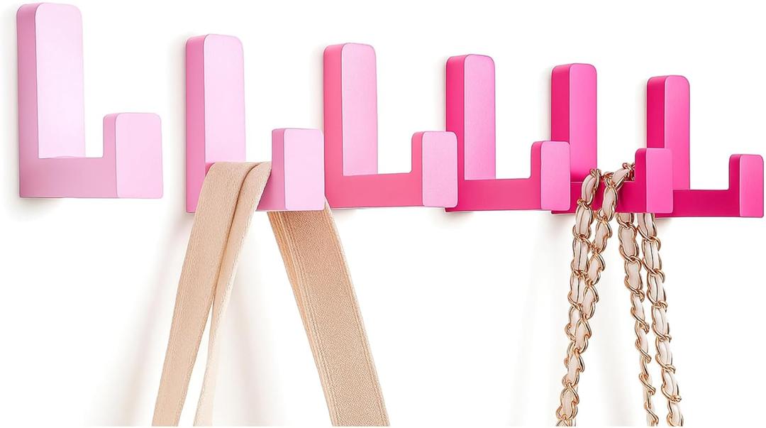 6 Pack Cute Kids Coat Wall Hooks Wooden Adhesive Decorative Colorful Wall Mounted Hangers Backpack Hooks for Hanging Keys Towel Clothes Bathroom Organization (Pink Mixed Color)