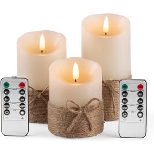 Flameless Candles Battery Operated Pillar Real Wax Electric LED Candle Gift Set with Remote Control and Timer, 4" 5" 6" Pack of 3 (Ivory Wax with Hemp Rope)
