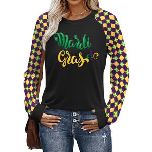 Mardi Gras Shirts for Women: Tuesday Long Sleeve Tshirt Carnival Graphic Tees Tops Funny Holiday Parade Outfits Black B