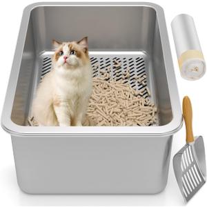 XXL Stainless Steel Sifting Litter Box for Big Cats,Metal Sifting Cat Litter Box for Wood Pine Pellets,Extra Large Sifter Litter Pan System,Odor Control,Easy to Clean,with Liners and Metal Scoop (XXL23.7''L15.7''W8''H)