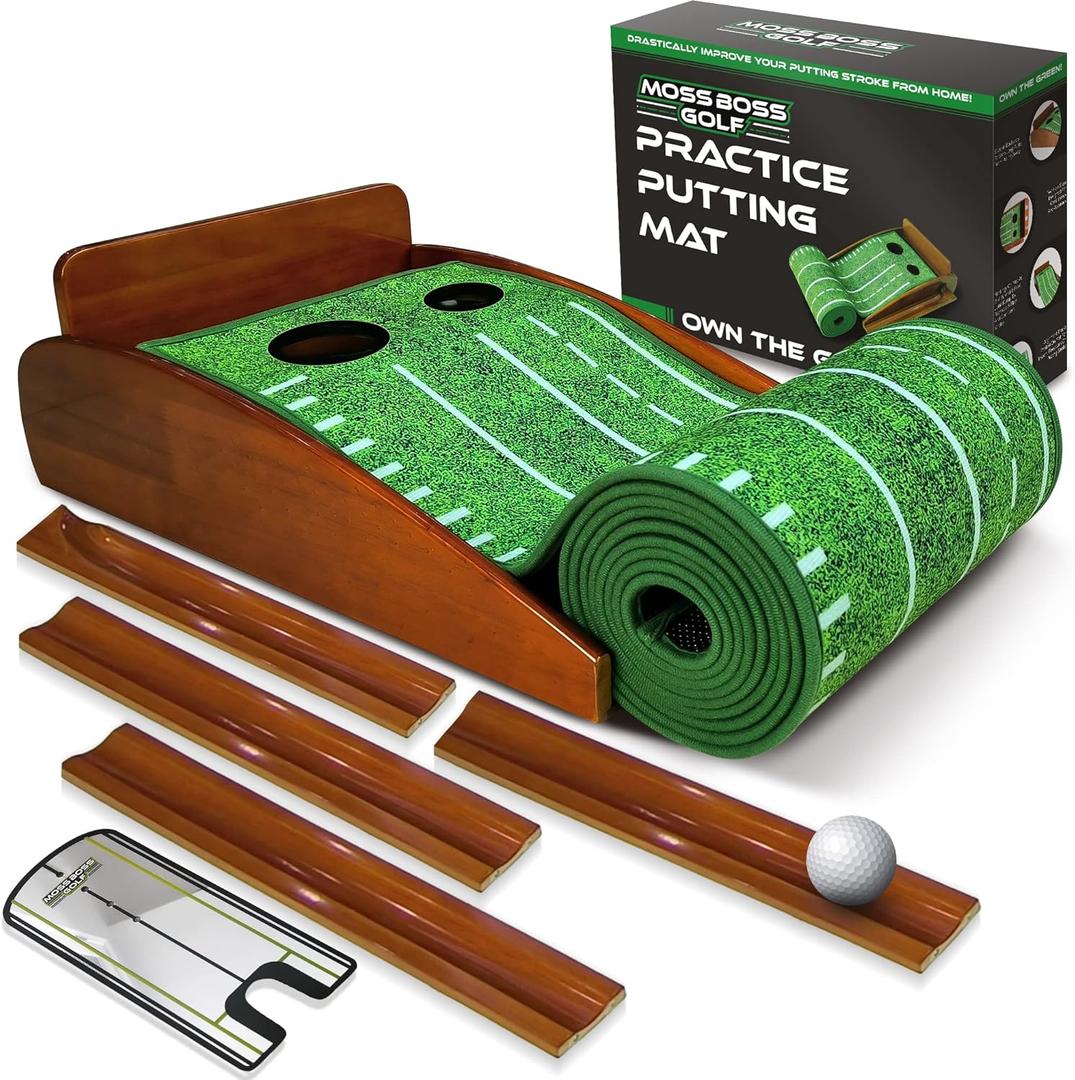 Practice Putting Mat with Automatic Ball Return Track & Putting Mirror - Indoor Golf Practice Mat for Mini Games & Home/Office Use, Great Gift for Golf Lovers