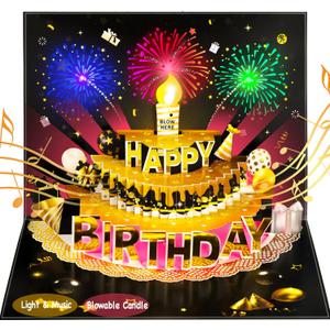 Pop Up Birthday Cards for Men - LED Light & Music with Blow The Candle, 3D Balloons, Singing Happy Birthday gifts Card for Husband - Women, Kids, Son, Her, & Dad