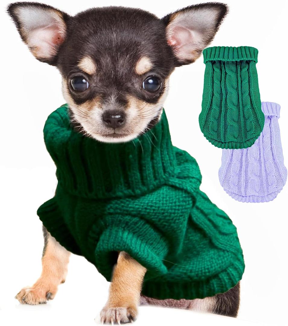 2 Pack Small Dog Sweaters, Dog Christmas Sweater Turtleneck Knit Winter Warm Pullover Clothing Pet Cat Cold Weather Clothes for Small Dogs, Green and Purple, Medium