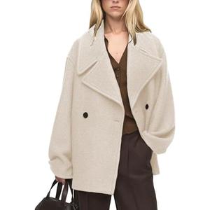 Tomosc Women Double Breasted Short Peacoat Winter Oversized Notched Lapel Cropped Wool Blend Coat Jacket with Pockets, S