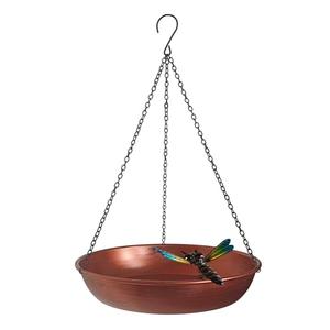Hanging Birdbath Bird Feeder for Outdoor 11” Antique Copper Cute Small Metal Bird Bath Bowl with Detachable Black Chain Metal Dragonfly for Garden Backyard Decor