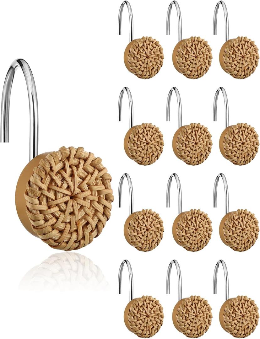 12 Pcs Boho Knots Shower Curtain Hooks Home Decorative Shower Rings Woven Wicker Ratten Decorative for Bathroom Farmhouse Curtain Hangers Accessories(Wood Color)