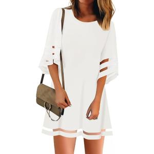 LookbookStore Women Casual Crewneck Mesh Panel 3/4 Bell Sleeve Loose Tunic Dress (Large, Brilliant White)