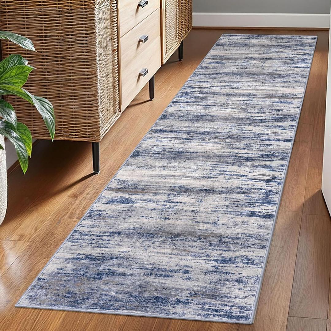 KOZYFLY Modern Abstract Washable Rug Runner 2x7 Hallway Runner Rug Non-Slip Soft Kitchen Runner Rugs, Print Grey-Blue Striped Carpet Runner for Entryway Bathroom Laundry Room Foyer