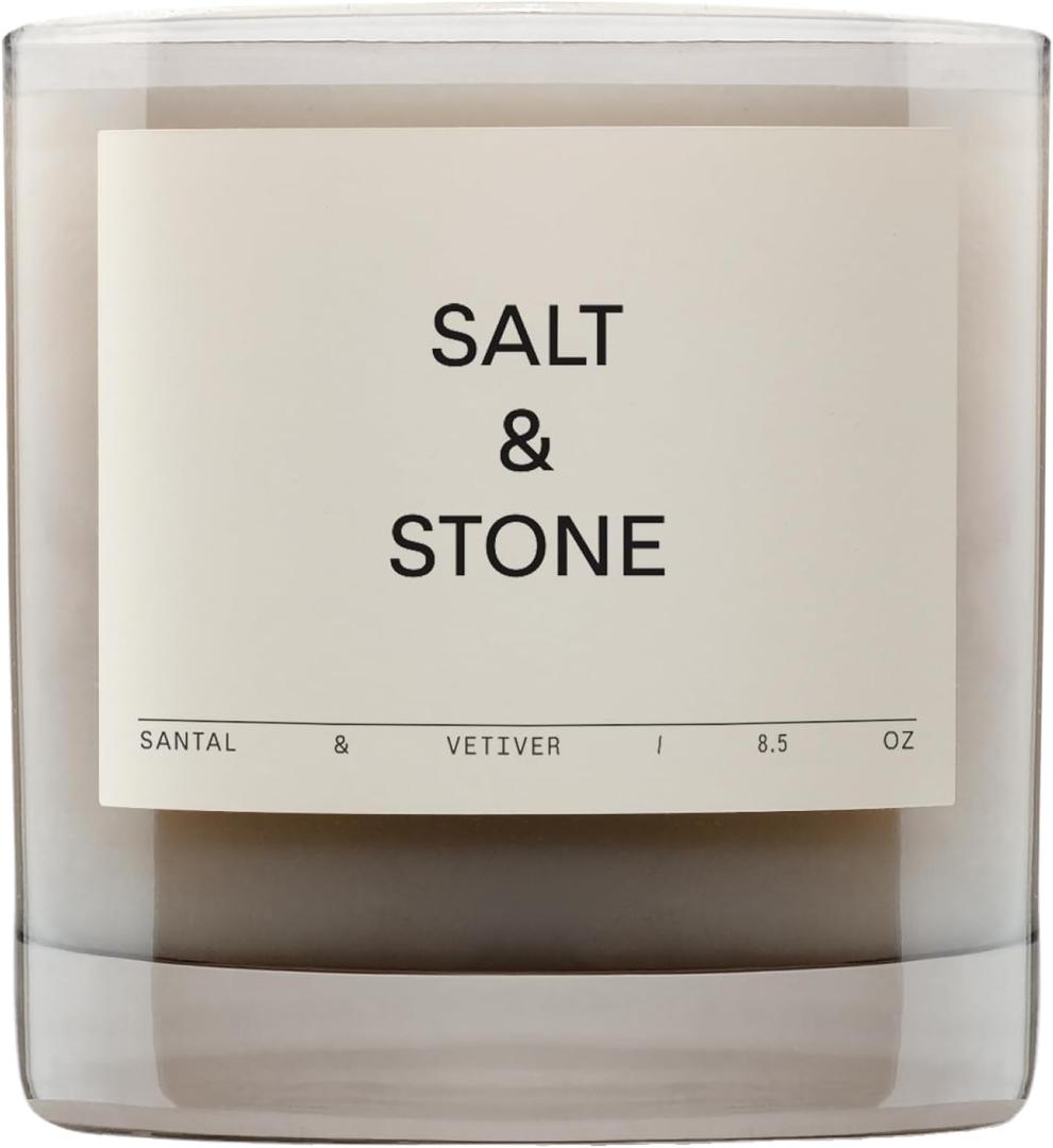 Salt & Stone Scented Candle for Women & Men | Coconut & Soy Blend Wax | Hand-Poured, Aromatic & Fragrant | 100% Cotton Wick | Long-Lasting 50 Hour Burn Time | Santal & Vetiver 8.5 oz