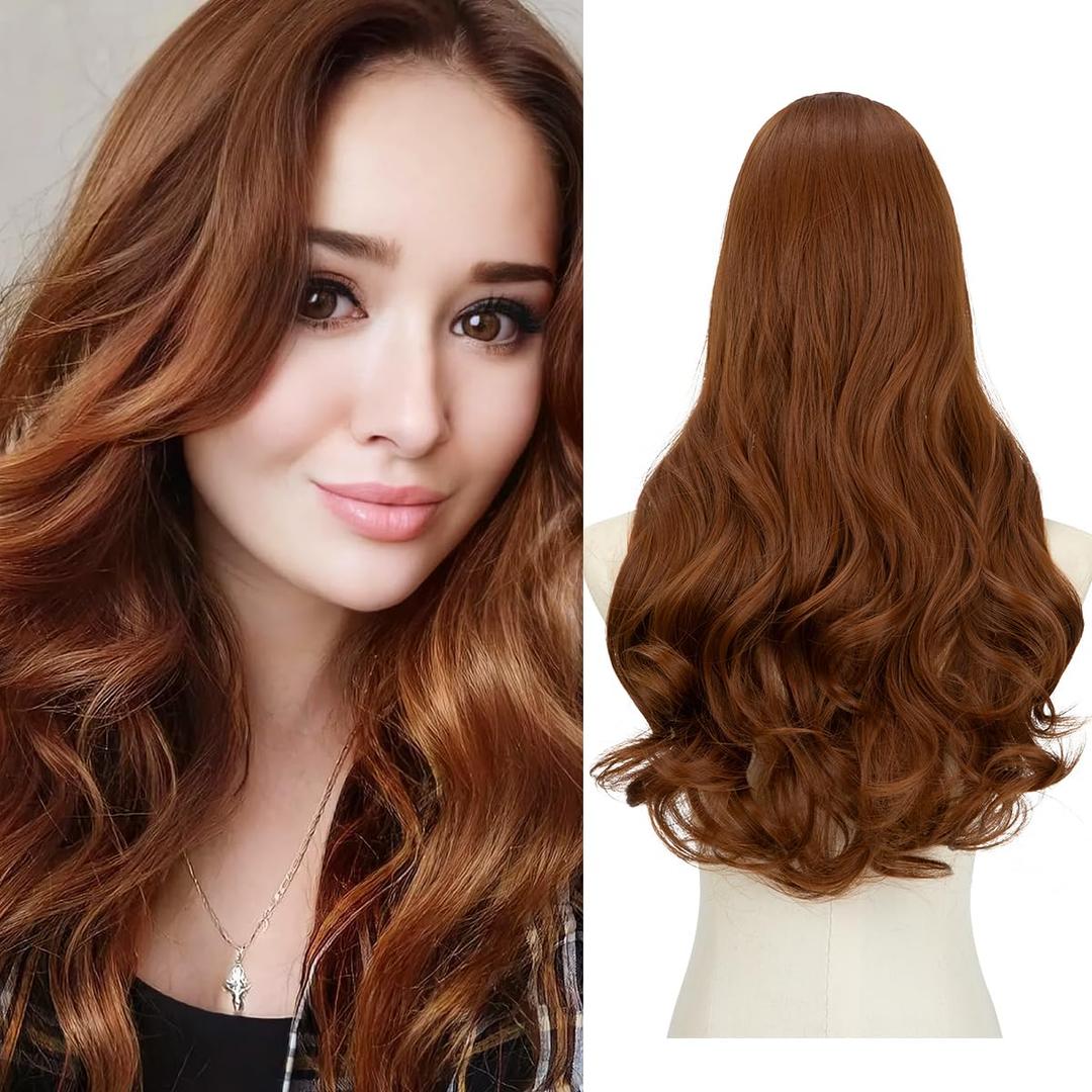 SARLA Clip in U Part Hair Extensions Synthetic Long Wavy Curly Thick Full Head Hairpiece for Women Light Auburn 24 Inch (24 Inch (Pack of 1), Light Auburn)