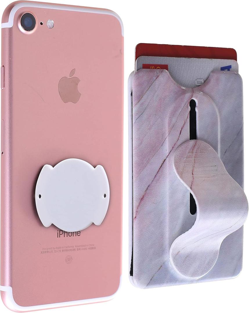 Detachable Cell Phone Wallet Mobile Phone Kickstand Finger Grip Stand, Selfie and Hand-free Wireless Charging Compatible for iPhone and Smartphones (Marble Brown)