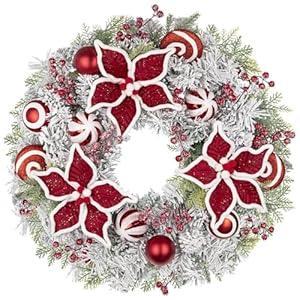 24 inch Christmas Door Wreath, Poinsettia Wreaths for Front Door with Candy Cane Red and White Ball Berries for Fireplace Xmas Decorations, Wall Window Indoor Outdoor Holiday Decor