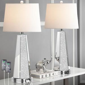Hamucd Set of 2 Mirrored Glass Bedside Table Lamps for Bedrooms with 2 USB Ports Chrome Modern Silver Living Room Lamps for End Tables Glam Comtempory Style Side Nightstand Lamps for Art Deco