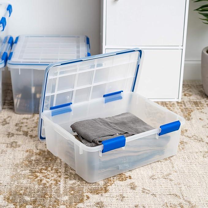 IRIS USA 26.5 & 44 Quart Combo WEATHERPRO Plastic Storage Box with Durable Lid and Seal and Secure Latching Buckles, Clear With Blue Buckles, Weathertight, 1 Pack