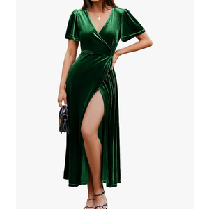 Simplee Women's Formal V Neck Wrap Short Sleeve Velvet Maxi Dress Elegant Bell Sleeve Slit Party Long Dresses XL
