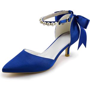 Coutgo Womens Pearl Ankle Strap Pumps Low Kitten Heel D'Orsay Satin Back Tieknot Heels Pointed Toe Wedding Party Dress Shoes (Blue) Size 7