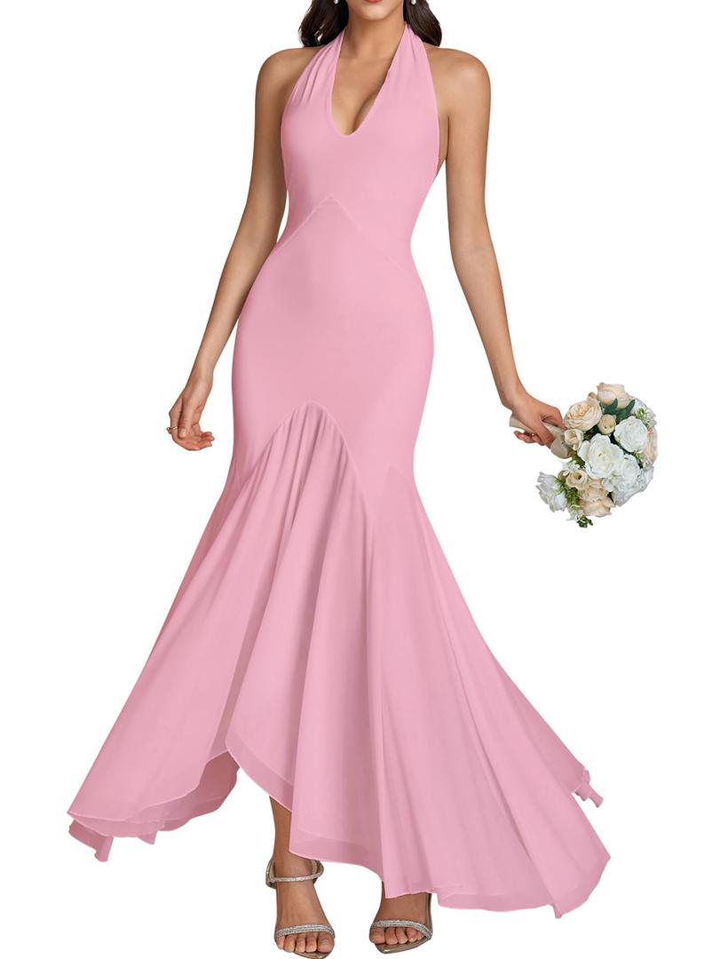 HTZMO Women Formal Sexy V Neck Halter Tie Maxi Dress Bodycon Flowy Wedding Guest Cocktail Elegant Long Dresses Pink M (M)