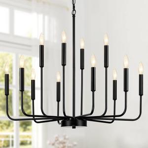 Black Chandeliers for Dining Room Light Fixture Over Table, Modern Farmhouse Chandeliers for Living Room,12-Lights Industrial Metal Candle Lighting Fixtures for Entryway Kitchen Island Foyer