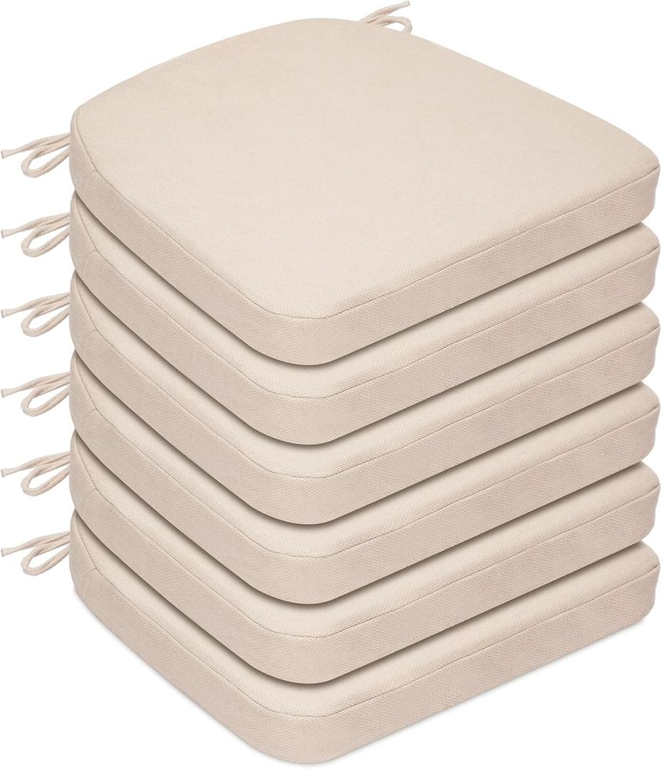 Chair Cushions for Dining Chairs, D-Shaped Non-Slip Seat Cushions with Removable Washable Covers & Ties, Chair Pads for Kitchen, Indoor Patio 17" x 16" (Cream, 6 Count)