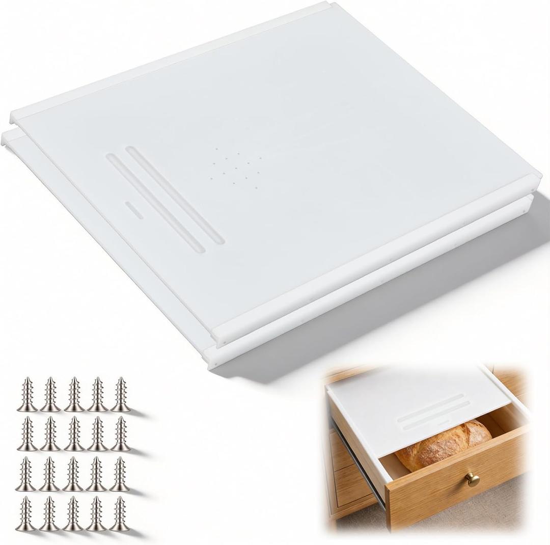 Geetery 2 Pack Bread Drawer Insert Kit, Trim to Fit Bread Storage Organizer for Kitchen Cabinet Drawers, Hdpe Drawer Cover with Adjustable Rails and Mounting Screws