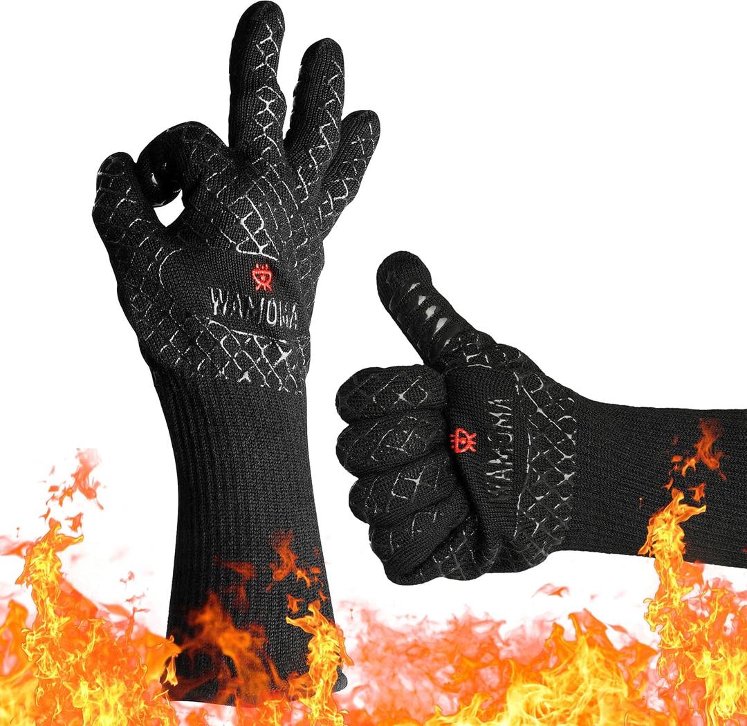 Long Heat Resistant BBQ Gloves - 1472F Heat Proof Internal Cotton Lining, Non-Slip Silicone Grilling Gloves for Meat Handling, Barbeque, Cooking, XL Oven Gloves with Long Sleeve
