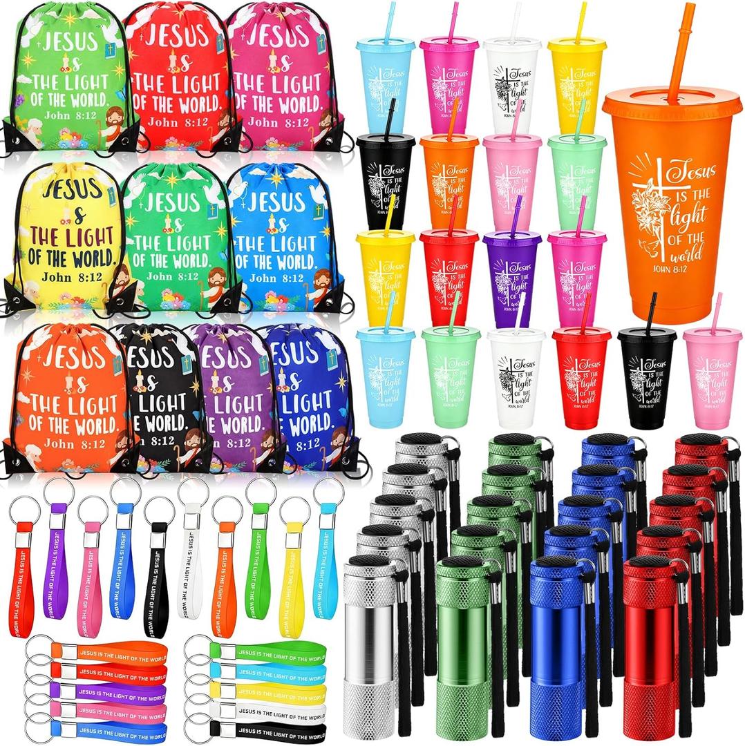 80 Pcs Easter Christian Religious Gifts Bulk Jesus the Light of the World Set for Church with 20 Backpacks, 20 Bible Verse 24oz Cups, 20 Keychains, 20 Mini Flashlights