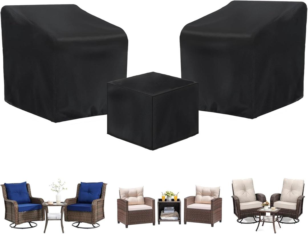 3 Piece Outdoor Veranda Patio Garden Furniture Cover Set with 420D Waterproof Fabric, Patio Furniture Covers Set with Windproof Buckle Strap Fit for Outdoor Wicker Rattan Chair Sets, Black